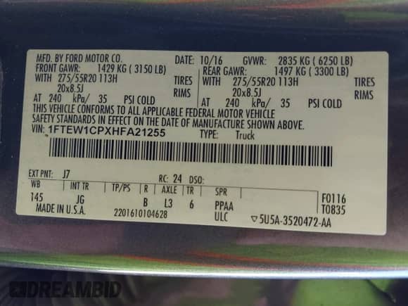 2017 Ford F-150 XL z VIN 1FTEW1CPXHFA21255, wystawiony jako IAAI lot #42701833 z przebiegiem Nie podano mil oraz . Historia ofert i sprzedaży dostępna na DreamBid. Obrazek 9.