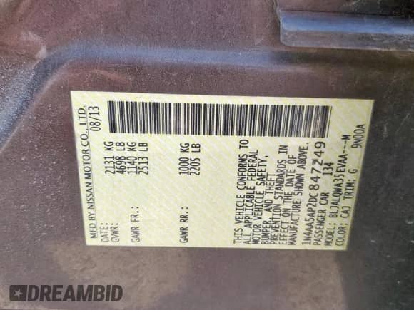 2013 Nissan Maxima S with VIN 1N4AA5AP2DC847249, listed as a Copart auction lot 70053675 with 154,366 mi miles and Salvage title. Bid and sale history available at DreamBid. Image 12.