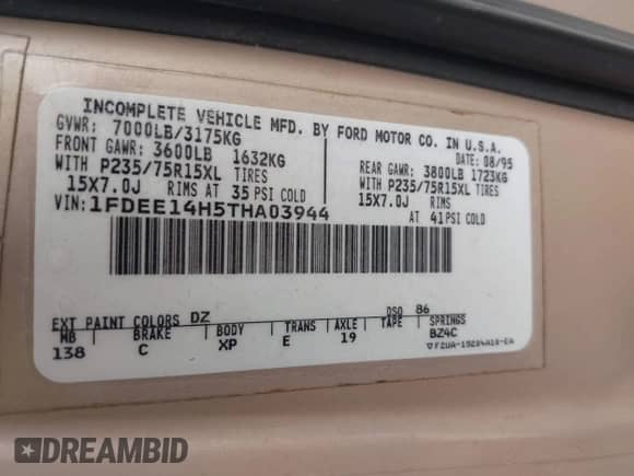 1996 Ford Econoline Cargo с VIN 1FDEE14H5THA03944, выставлен на аукционе IAAI как лот 42901512 с пробегом Не указан миль и . История ставок и продаж доступна на DreamBid. Изображение 9.