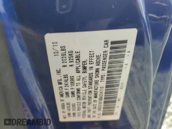 2011 Honda Accord EX with VIN 1HGCS1B78BA004710, listed as a Copart auction lot 59822985 with 212,786 mi miles and Salvage title. Bid and sale history available at DreamBid. Image 13.