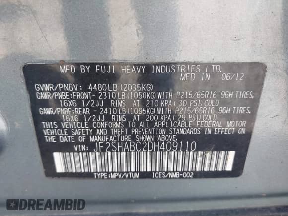 2013 Subaru Forester X z VIN JF2SHABC2DH409110, wystawiony jako IAAI lot #43334890 z przebiegiem 204 069 mil mil oraz . Historia ofert i sprzedaży dostępna na DreamBid. Obrazek 9.