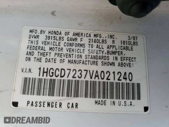 1997 Honda Accord LX with VIN 1HGCD7237VA021240, listed as a Copart auction lot 80225975 with 155,237 mi miles and Clean title. Bid and sale history available at DreamBid. Image 12.