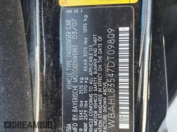 2007 BMW 7 Series 750i z VIN WBAHL83547DT09809, wystawiony jako Copart lot #54817145 z przebiegiem 209 806 mil mil oraz Szkoda całkowita • Salvage title. Historia ofert i sprzedaży dostępna na DreamBid. Obrazek 12.