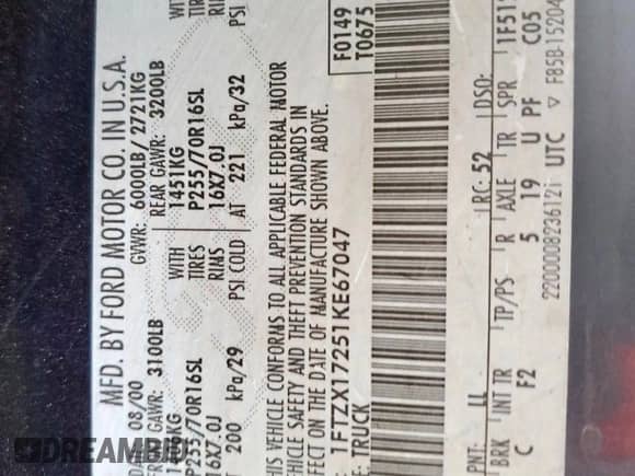 2001 Ford F-150 XL z VIN 1FTZX17251KE67047, wystawiony jako Copart lot #65988245 z przebiegiem Nie podano mil oraz Szkoda całkowita • Salvage title. Historia ofert i sprzedaży dostępna na DreamBid. Obrazek 12.