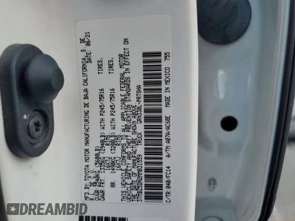 2021 Toyota Tacoma SR5 с VIN 3TMBZ5DN2MM031559, выставлен на аукционе Copart как лот 57550445 с пробегом 38 025 миль миль и Списание • Salvage title. История ставок и продаж доступна на DreamBid. Изображение 12.