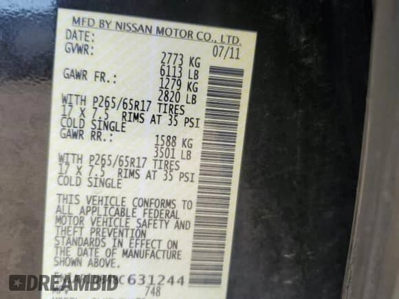 2011 Nissan Pathfinder LE z VIN 5N1AR1NB4BC631244, wystawiony jako Copart lot #68240775 z przebiegiem Nie podano mil oraz Szkoda całkowita • Salvage title. Historia ofert i sprzedaży dostępna na DreamBid. Obrazek 14.