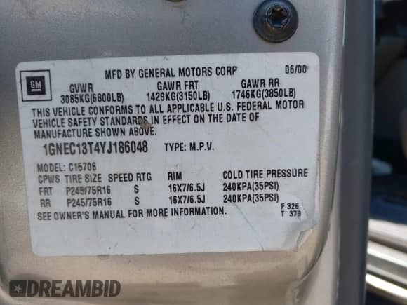 2000 Chevrolet Tahoe LS z VIN 1GNEC13T4YJ186048, wystawiony jako IAAI lot #42928108 z przebiegiem 188 360 mil mil oraz . Historia ofert i sprzedaży dostępna na DreamBid. Obrazek 9.