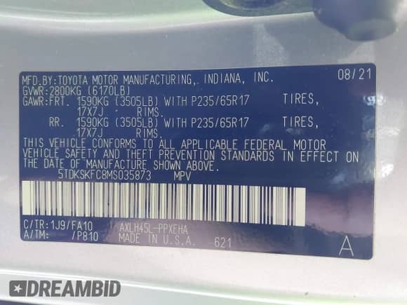 2021 Toyota Sienna LE with VIN 5TDKSKFC8MS035873, listed as a IAAI auction lot 42577906 with 228,325 mi miles and . Bid and sale history available at DreamBid. Image 9.