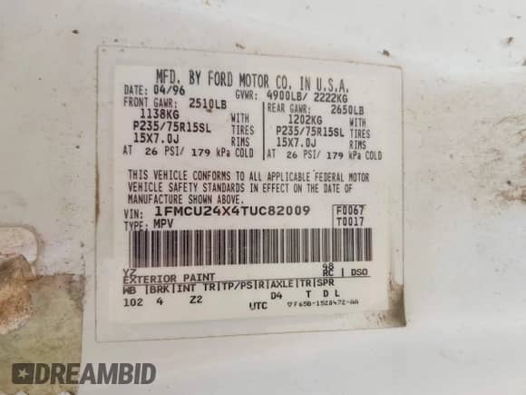 1996 Ford Explorer Eddie Bauer с VIN 1FMCU24X4TUC82009, выставлен на аукционе IAAI как лот 42829672 с пробегом 113 106 миль миль и . История ставок и продаж доступна на DreamBid. Изображение 9.