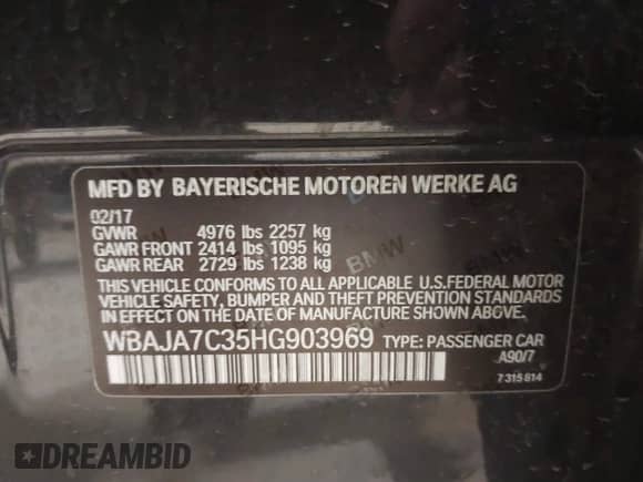 2017 BMW 5 Series 530i xDrive with VIN WBAJA7C35HG903969, listed as a IAAI auction lot 41547621 with 92,710 mi miles and . Bid and sale history available at DreamBid. Image 9.