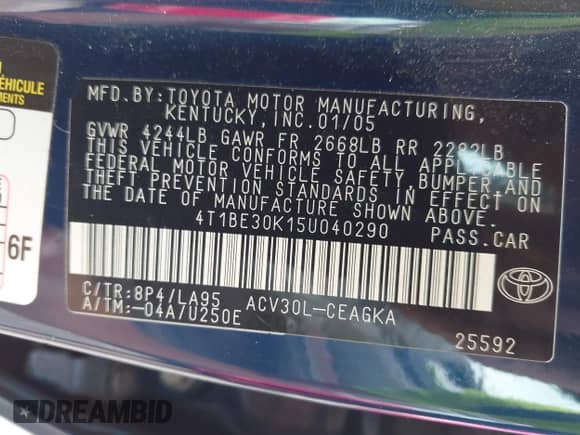 2005 Toyota Camry LE z VIN 4T1BE30K15U040290, wystawiony jako IAAI lot #42869514 z przebiegiem 186 862 mil mil oraz . Historia ofert i sprzedaży dostępna na DreamBid. Obrazek 9.