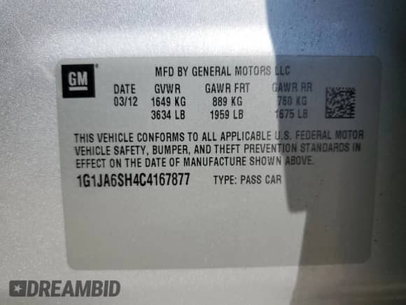 2012 Chevrolet Sonic LS с VIN 1G1JA6SH4C4167877, выставлен на аукционе Copart как лот 50973915 с пробегом 167 149 миль миль и Чистый • Clean title. История ставок и продаж доступна на DreamBid. Изображение 12.