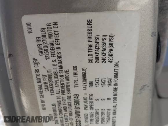 2001 Chevrolet S-10 LS с VIN 1GCCS19W018150049, выставлен на аукционе Copart как лот 57946395 с пробегом Не указан миль и Списание • Salvage title. История ставок и продаж доступна на DreamBid. Изображение 12.