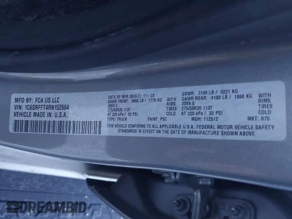 2024 Ram 1500 Big Horn z VIN 1C6SRFFT4RN152664, wystawiony jako IAAI lot #41376365 z przebiegiem 17 504 mil mil oraz . Historia ofert i sprzedaży dostępna na DreamBid. Obrazek 9.