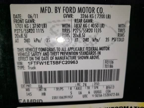 2011 Ford F-150 XLT z VIN 1FTFW1ET5BFC20963, wystawiony jako Copart lot #50051345 z przebiegiem 128 363 mil mil oraz Czysty tytuł • Clean title. Historia ofert i sprzedaży dostępna na DreamBid. Obrazek 12.