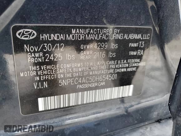 2013 Hyundai Sonata SE with VIN 5NPEC4AC5DH654501, listed as a Copart auction lot 67523715 with 194,564 mi miles and Salvage title. Bid and sale history available at DreamBid. Image 12.