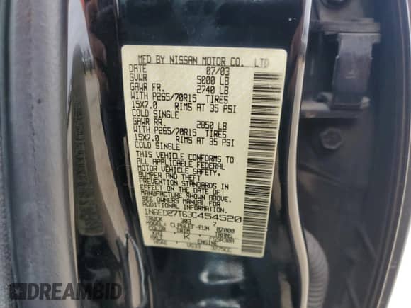 2003 Nissan Frontier SE with VIN 1N6ED27T63C454520, listed as a Copart auction lot 41980455 with 302,444 mi miles and Clean title. Bid and sale history available at DreamBid. Image 12.