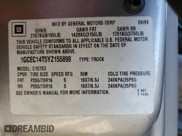 2000 Chevrolet Silverado 1500 LS with VIN 1GCEC14T5YZ155898, listed as a Copart auction lot 75788424 with 197,387 mi miles and Salvage title. Bid and sale history available at DreamBid. Image 12.