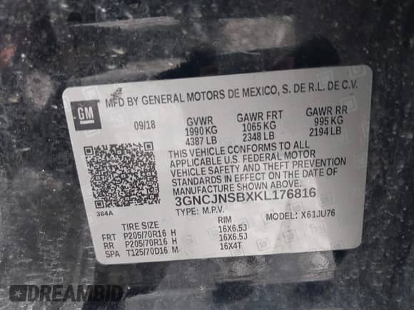 2019 Chevrolet Trax LS with VIN 3GNCJNSBXKL176816, listed as a IAAI auction lot 42758316 with 67,344 mi miles and . Bid and sale history available at DreamBid. Image 9.