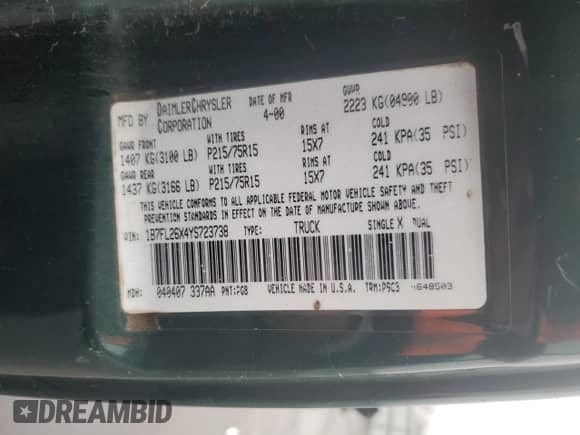 2000 Dodge Dakota с VIN 1B7FL26X4YS723738, выставлен на аукционе Copart как лот 43322515 с пробегом 225 641 миль миль и Списание • Salvage title. История ставок и продаж доступна на DreamBid. Изображение 14.