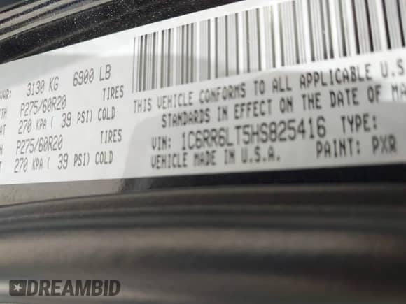 2017 Ram 1500 Lone Star with VIN 1C6RR6LT5HS825416, listed as a IAAI auction lot 42998573 with Not provided miles and . Bid and sale history available at DreamBid. Image 9.