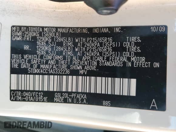 2010 Toyota Sienna CE z VIN 5TDKK4CC1AS332236, wystawiony jako Copart lot #90445785 z przebiegiem 186 641 mil mil oraz Szkoda całkowita • Salvage title. Historia ofert i sprzedaży dostępna na DreamBid. Obrazek 13.