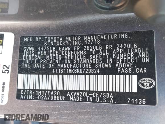 2019 Toyota Camry LE с VIN 4T1B11HK6KU729824, выставлен на аукционе IAAI как лот 43107969 с пробегом 157 176 миль миль и . История ставок и продаж доступна на DreamBid. Изображение 9.