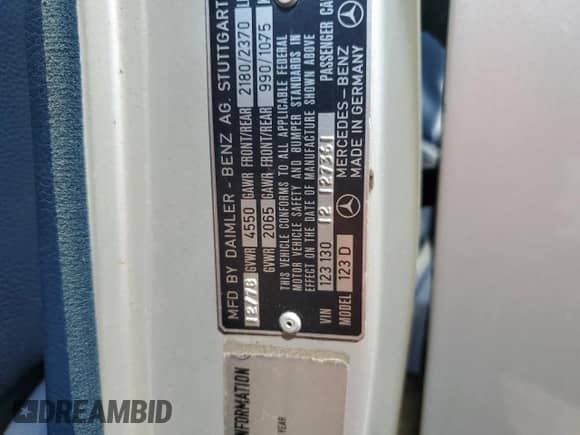 1979 Mercedes-Benz 300 с VIN 12313012127361, выставлен на аукционе Copart как лот 61981455 с пробегом 173 130 миль миль и Чистый • Clean title. История ставок и продаж доступна на DreamBid. Изображение 12.