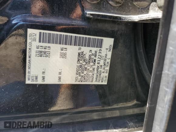 2013 Nissan Maxima S with VIN 1N4AA5AP0DC812239, listed as a Copart auction lot 82250095 with 56,861 mi miles and Salvage title. Bid and sale history available at DreamBid. Image 12.