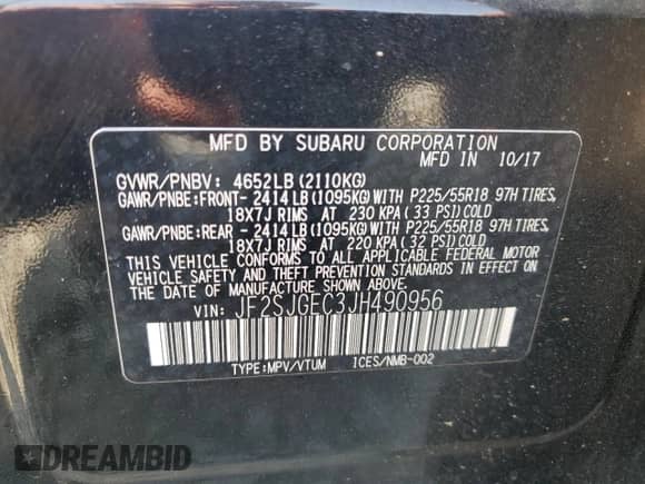 2018 Subaru Forester Premium with VIN JF2SJGEC3JH490956, listed as a Copart auction lot 62378155 with 97,134 mi miles and Salvage title. Bid and sale history available at DreamBid. Image 14.