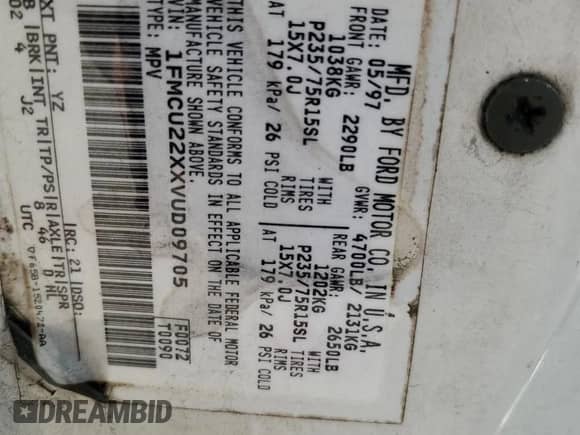 1997 Ford Explorer с VIN 1FMCU22XXVUD09705, выставлен на аукционе Copart как лот 55412575 с пробегом 356 444 миль миль и Списание • Salvage title. История ставок и продаж доступна на DreamBid. Изображение 13.