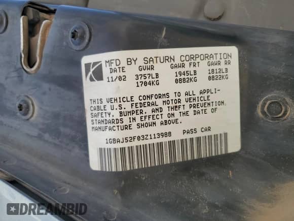 2003 Saturn ION ION 2 с VIN 1G8AJ52F03Z113988, выставлен на аукционе Copart как лот 52996515 с пробегом 125 170 миль миль и Списание • Salvage title. История ставок и продаж доступна на DreamBid. Изображение 12.