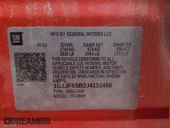 2018 Chevrolet Sonic Premier z VIN 1G1JF5SB2J4131450, wystawiony jako Copart lot #61651275 z przebiegiem 90 950 mil mil oraz Szkoda całkowita • Salvage title. Historia ofert i sprzedaży dostępna na DreamBid. Obrazek 12.