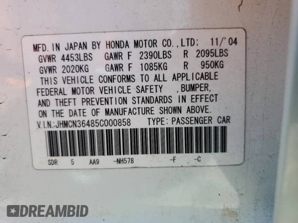 2005 Honda Accord with VIN JHMCN36485C000858, listed as a Copart auction lot 66355455 with 214,771 mi miles and Salvage title. Bid and sale history available at DreamBid. Image 12.