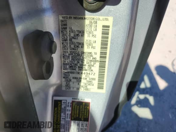 2008 Nissan Frontier XE with VIN 1N6BD06T78C449472, listed as a Copart auction lot 89548045 with 151,748 mi miles and Salvage title. Bid and sale history available at DreamBid. Image 12.