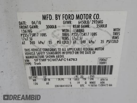 2010 Ford F-150 XL z VIN 1FTMF1CW7AFC14763, wystawiony jako Copart lot #90633585 z przebiegiem 126 077 mil mil oraz Czysty tytuł • Clean title. Historia ofert i sprzedaży dostępna na DreamBid. Obrazek 12.