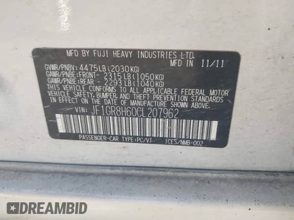 2012 Subaru WRX WRX STI с VIN JF1GR8H60CL207962, выставлен на аукционе IAAI как лот 42745475 с пробегом 137 538 миль миль и . История ставок и продаж доступна на DreamBid. Изображение 9.