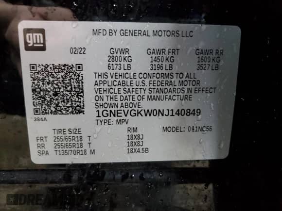 2022 Chevrolet Traverse LT Cloth с VIN 1GNEVGKW0NJ140849, выставлен на аукционе Copart как лот 52090615 с пробегом 33 800 миль миль и На запчасти • Non repairable. История ставок и продаж доступна на DreamBid. Изображение 14.