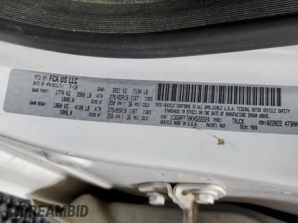 2019 Ram 1500 Big Horn with VIN 1C6SRFFT0KN522224, listed as a Copart auction lot 70500845 with 138,351 mi miles and Clean title. Bid and sale history available at DreamBid. Image 12.