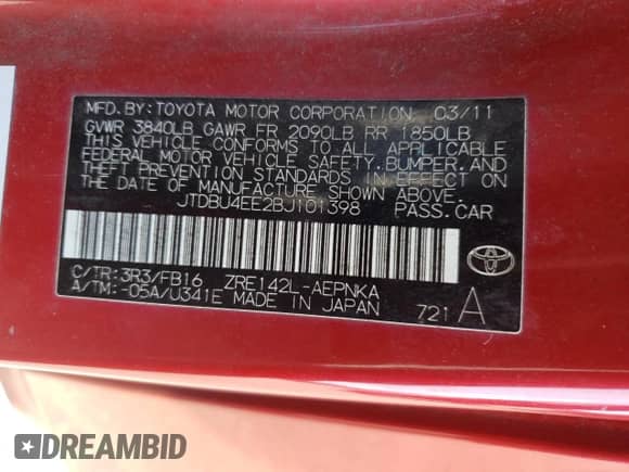 2011 Toyota Corolla L with VIN JTDBU4EE2BJ101398, listed as a Copart auction lot 86776935 with 216,840 mi miles and Clean title. Bid and sale history available at DreamBid. Image 12.