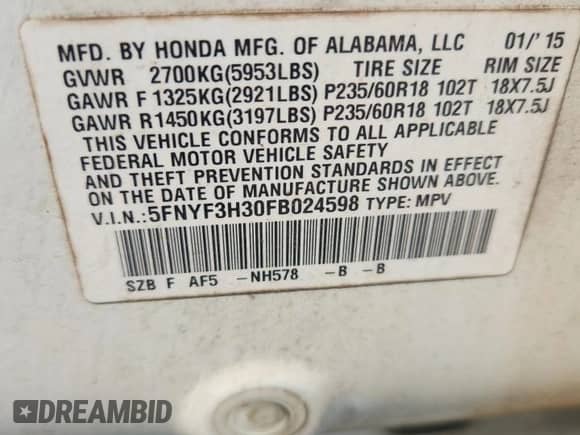 2015 Honda Pilot SE with VIN 5FNYF3H30FB024598, listed as a Copart auction lot 80949185 with 156,296 mi miles and Clean title. Bid and sale history available at DreamBid. Image 13.