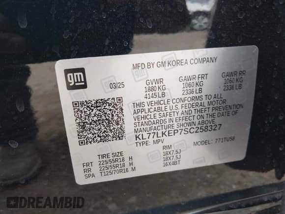 2025 Chevrolet Trax ACTIV z VIN KL77LKEP7SC258327, wystawiony jako IAAI lot #42430097 z przebiegiem 1 454 mil mil oraz . Historia ofert i sprzedaży dostępna na DreamBid. Obrazek 9.