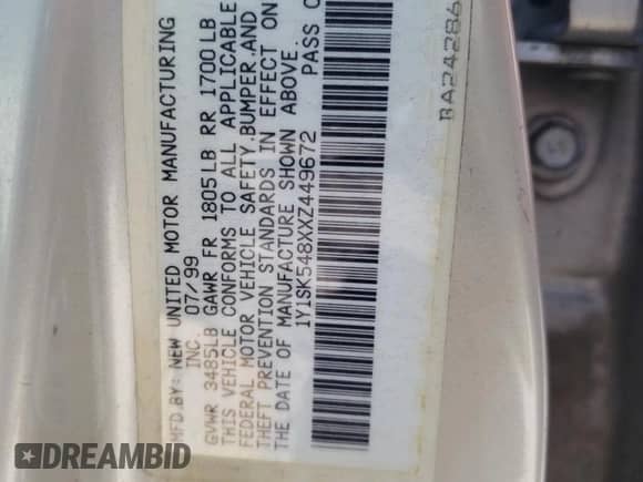 1999 Chevrolet Prizm with VIN 1Y1SK548XXZ449672, listed as a Copart auction lot 49284495 with 157,775 mi miles and Salvage title. Bid and sale history available at DreamBid. Image 12.