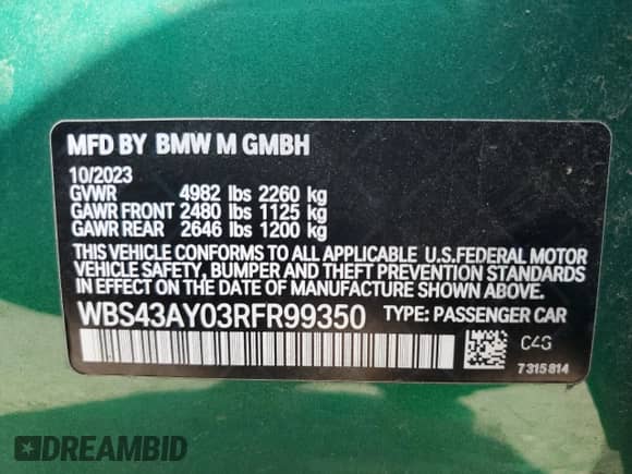 2024 BMW M3 Competition xDrive с VIN WBS43AY03RFR99350, выставлен на аукционе Copart как лот 65049885 с пробегом 19 840 миль миль и Списание • Salvage title. История ставок и продаж доступна на DreamBid. Изображение 12.