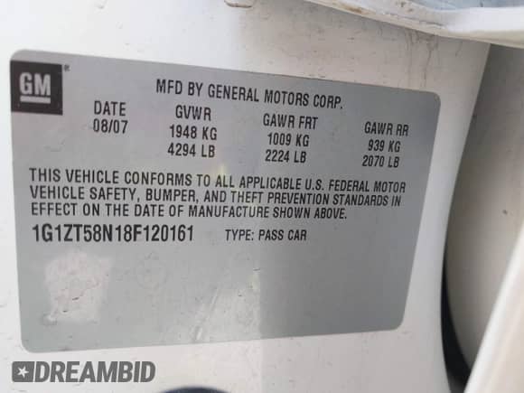 2008 Chevrolet Malibu Classic LT z VIN 1G1ZT58N18F120161, wystawiony jako IAAI lot #42181341 z przebiegiem 92 157 mil mil oraz . Historia ofert i sprzedaży dostępna na DreamBid. Obrazek 9.