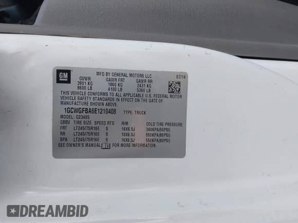 2014 Chevrolet Express Cargo with VIN 1GCWGFBA6E1210408, listed as a IAAI auction lot 43380162 with Not provided miles and . Bid and sale history available at DreamBid. Image 9.