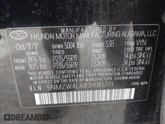 2018 Hyundai Santa Fe Ultimate с VIN 5NMZW4LA8JH085771, выставлен на аукционе IAAI как лот 41938627 с пробегом 137 879 миль миль и . История ставок и продаж доступна на DreamBid. Изображение 9.