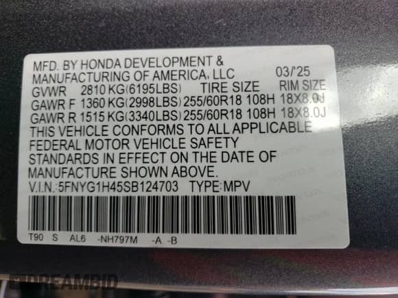 2025 Honda Pilot EX-L с VIN 5FNYG1H45SB124703, выставлен на аукционе Copart как лот 70714305 с пробегом 4 797 миль миль и Списание • Salvage title. История ставок и продаж доступна на DreamBid. Изображение 14.