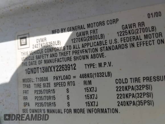 2000 Chevrolet Blazer LS with VIN 1GNDT13WXY2263912, listed as a IAAI auction lot 43342522 with 237,023 mi miles and . Bid and sale history available at DreamBid. Image 9.