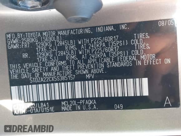 2005 Toyota Sienna XLE z VIN 5TDZA22CX5S385157, wystawiony jako IAAI lot #41622454 z przebiegiem 283 270 mil mil oraz . Historia ofert i sprzedaży dostępna na DreamBid. Obrazek 9.